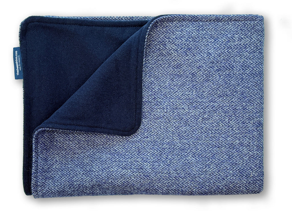 New! Blue Herringbone Tweed/Navy Wool Back Pet Blanket